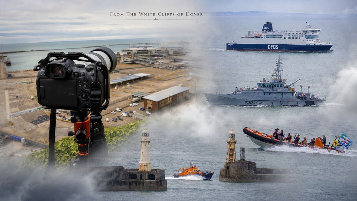 Photographic collage from the White Cliffs of Dover showing the Port of Dover, ferries, harbour boats and a camera overlooking the harbour.